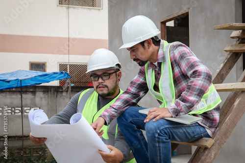  Asian engineering foremen working wearing safety vest and helmet inspect construction real estate site, Indian contractor male worker holding laptop and blueprint with young architect man partner