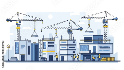 Construction Site Scene with Cranes and Buildings Illustration