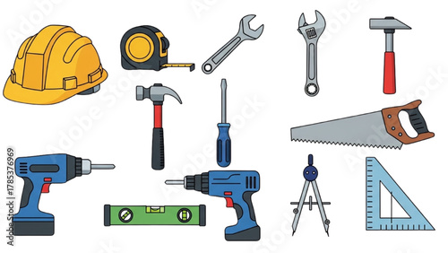 Collection of construction tools Helmet, tape measure, wrenches, hammers, saw, level