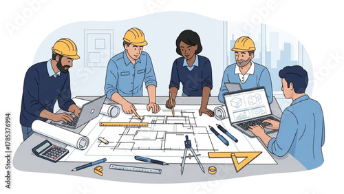 Architects and engineers collaborate on building project blueprint, showcasing teamwork and construction planning