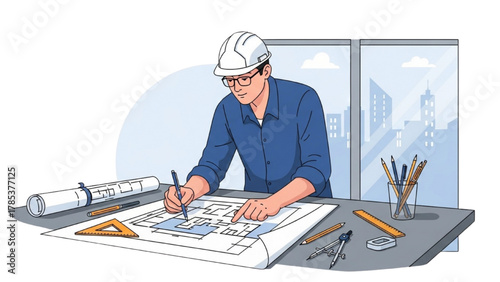 Architect at work sketching blueprints on a table with drafting tools and city skyline in background