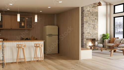 Fototapeta Naklejka Na Ścianę i Meble -  Kitchen counter and fridge aside living room with sofa table and bricks fireplace on wooden floor.