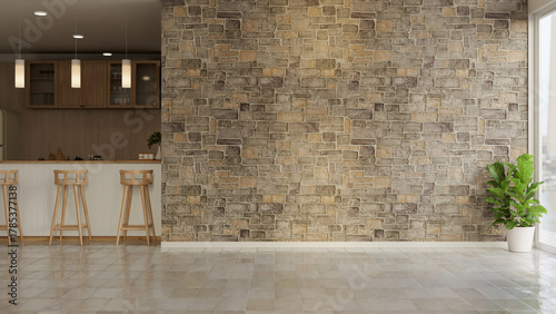 Fototapeta Naklejka Na Ścianę i Meble -  Kitchen counter and dining room aside bricks wall mural and tiles floor of a modern house apartment.