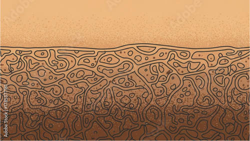 Abstract Microscopic View of Intricate Organic Patterns Resembling Subsurface Earth Layers or Cellular Structures
