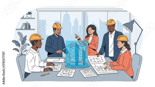 Team of Architects Collaborating on a Modern Building Project Blueprint