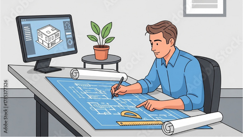 Professional architect drafting building plans at a desk with a computer model