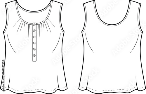 Sleeveless women's top, scoop neckline, button placket, gathered front detail, scalloped hem, fashion sketch, technical drawing, garment design template