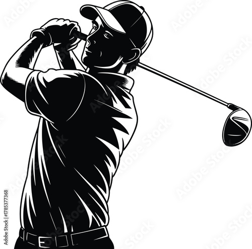 Black and white vector illustration of a focused golfer mid-swing with golf club, wearing cap and collared shirt outdoors.