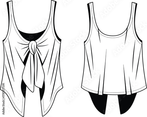 Sleeveless top, scoop neckline, knotted tie detail, asymmetrical hem, fashion sketch, technical drawing, layered design, garment construction template