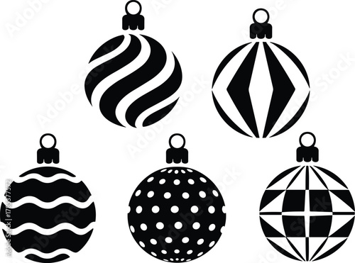 Christmas ornament silhouette vector, festive black and white decoration, holiday hanging baubles, geometric and abstract patterns, seasonal decor design, minimalist winter art