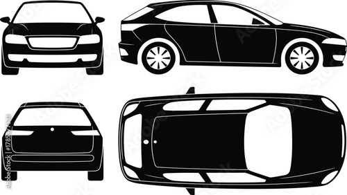 Black and white vector illustration of modern car in front, side, rear, and top views for automotive design and modeling