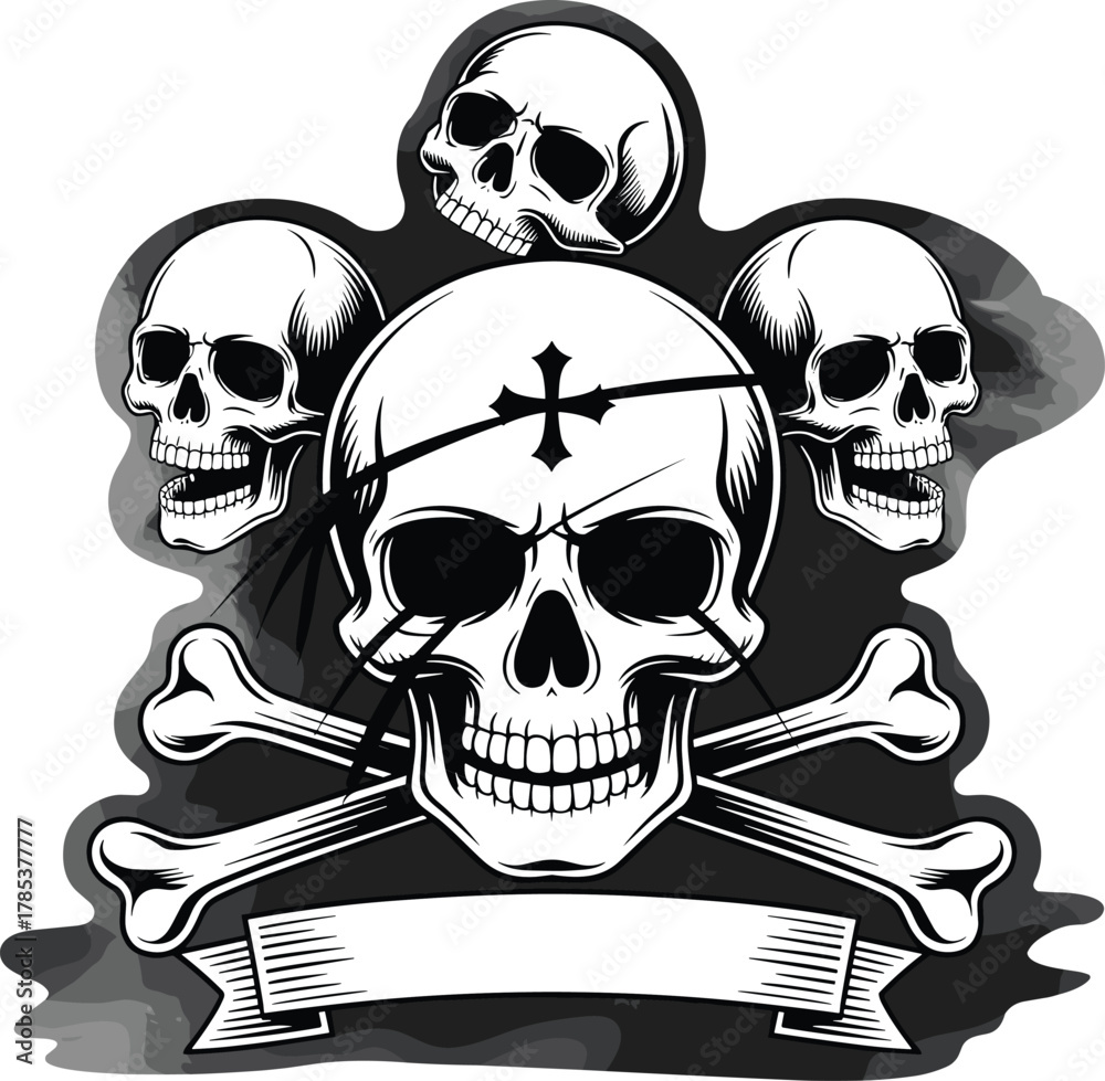 Fototapeta premium crossbones illustration with gothic banner, pirate symbol, smoky background, danger motif, monochrome vector, dark fantasy tattoo design, dramatic silhouette composition