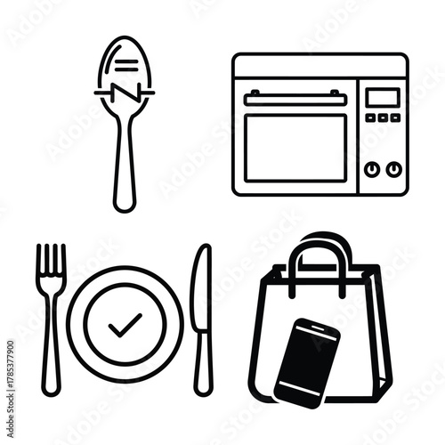 Modern food service, kitchen appliances and online delivery icons