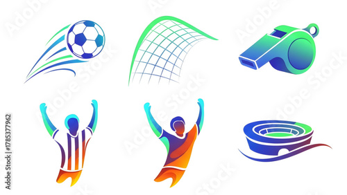 Dynamic Soccer Icon Set Ball, Net, Whistle, Players, Stadium Graphics