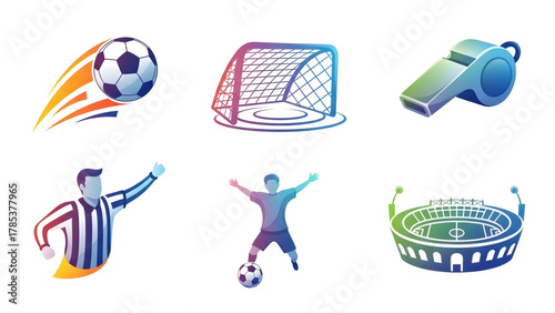 Colorful Soccer Icons Set Ball, Goal, Whistle, Referee, Player, and Stadium Illustrations