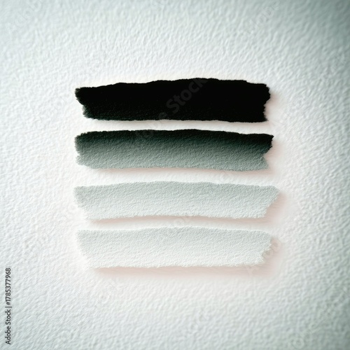 Four torn paper strips, ranging from black to white, are arranged horizontally on a textured white background.
