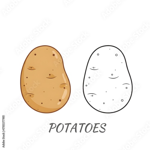 Illustrated Representation of Potatoes, Presented in Full Color and Black and White Line Art Outline