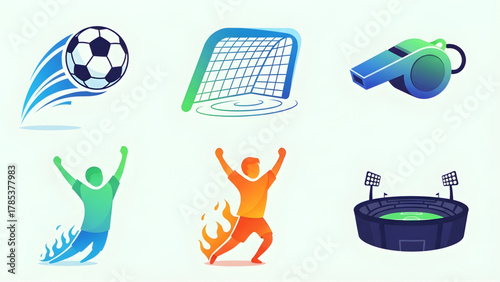 Vibrant set of football sports icons for a match or tournament, illustrating a dynamic ball, goal, whistle, stadium, and enthusiastic fan silhouettes