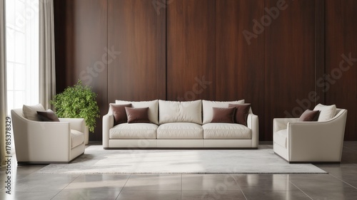 Fototapeta Naklejka Na Ścianę i Meble -  A chic living room featuring a cream sofa set against dark wood panels, accented by brown cushions, greenery, and a light rug. Bright, minimalist space conveys luxury, comfort, and contemporary style.
