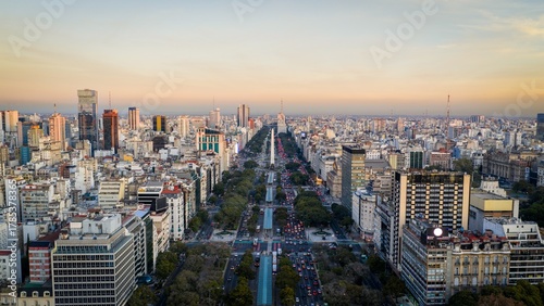 Aerial view of Avenida 9 de Julio with Obelisco, Buenos Aires, Argentina.
