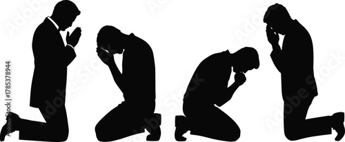 people kneeling and praying in spiritual meditation, religious devotion, peaceful posture, side profile, humble worship, faith, contemplation, emotional reverence, black vector art