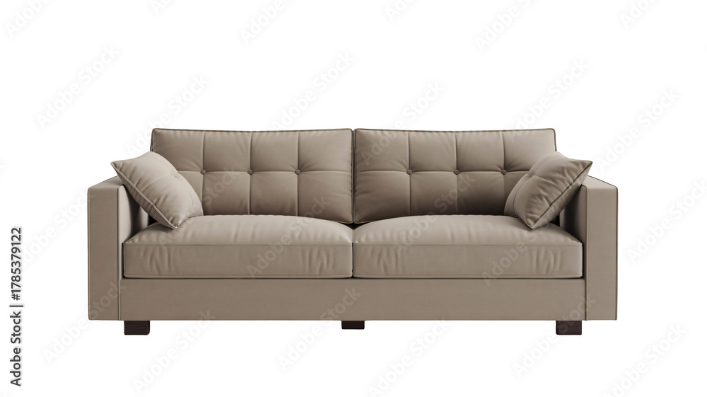 Fototapeta premium Elegant beige tufted sofa with plush cushions for modern living