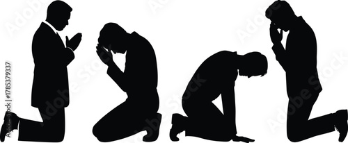 Praying silhouette vector set of kneeling figures in spiritual poses, black icons on white background for religion, reflection, humility, and graphic design