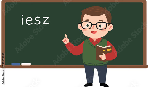 Cartoon teacher standing near chalkboard teaching alphabet letters, smiling male instructor holding book, education and classroom learning concept illustration