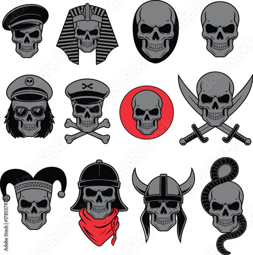 military pharaoh jester pirate Viking punk theme, black silhouette illustration, fantasy rebel design, gothic danger Halloween concept art