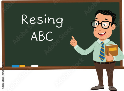 Male teacher teaching alphabet on chalkboard, classroom education concept, school teacher explaining ABC lesson, cartoon education illustration