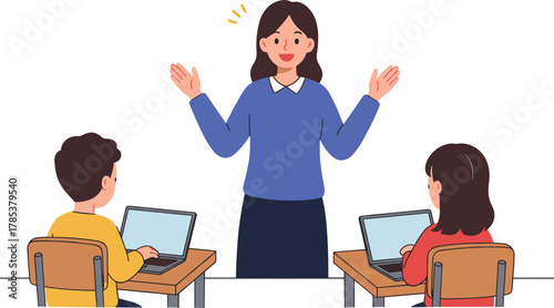 Female teacher teaching students with laptops in classroom, modern digital education concept, online learning, computer class illustration
