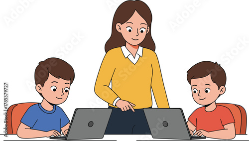Cartoon illustration of teacher helping students with laptops, digital education, e-learning classroom, online teaching, modern technology, vector design
