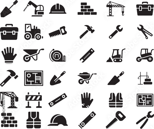 Construction and Building Icons Set Keywords: construction, building, tools, equipment, industry, safety, engineering, architecture, renovation