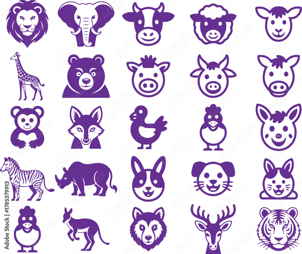 Obraz premium Purple Animal Faces and Silhouettes Set Keywords: animals, wildlife, nature, zoo, farm, safari, mammal, bird, lion, elephant, cow, sheep, goat