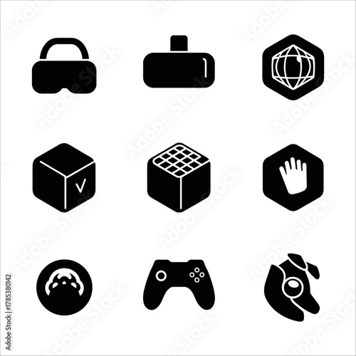Collection of nine black icons related to virtual reality and gaming on a