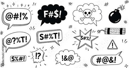 Cartoon Swear Word Bubbles with Skull, Bomb, Dynamite Isolated on White Background