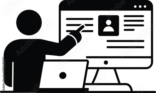 Business person giving online presentation on computer screen, digital training concept, remote learning, virtual meeting, modern communication illustration