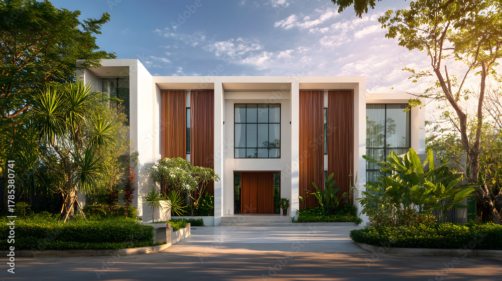 Obraz premium Modern Architectural Design of a Cinematic Exterior with Greenery and Natural Light