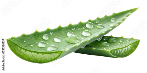 Two fresh green aloe vera slices with water droplets on a white background succulent plant isolated on a transparent background