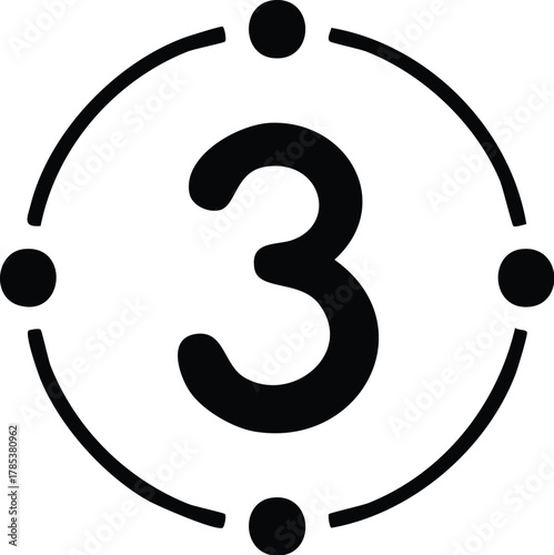 Simple black and white vector icon of the number three enclosed in a circle with four directional points for design elements