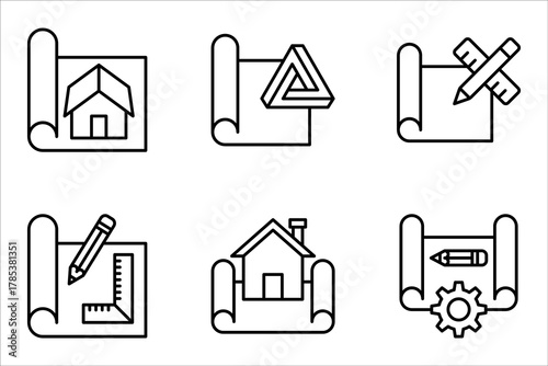 Blueprint Icon set, Detailed architectural or engineering design vector illustration on white background