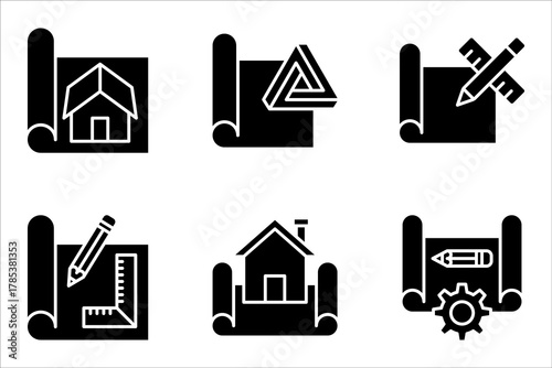 Blueprint Icon set, Detailed architectural or engineering design vector illustration on white background