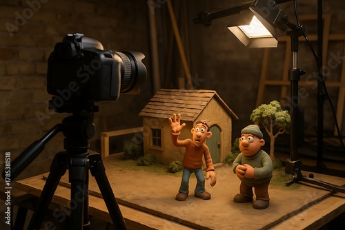 Stop-Motion Animation Studio Setup with Clay Figures and Camera