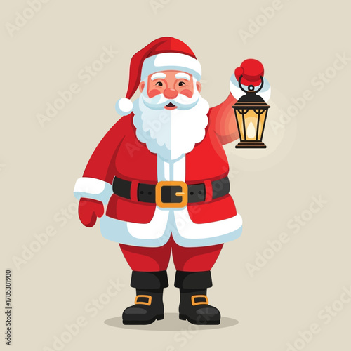A cheerful Santa Claus dressed in his traditional red suit, holding a glowing lantern in his right hand.