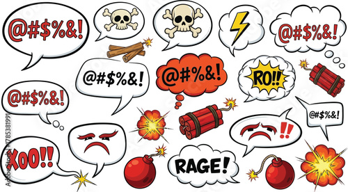 Cartoonish Angry Speech Bubbles Set, Skull, Bombs, Explosion on White Background