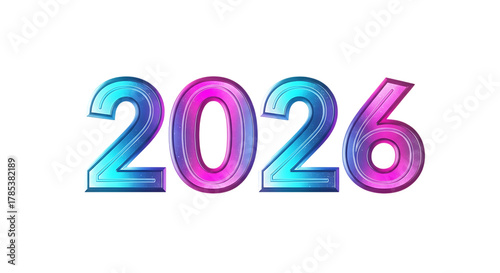 Glowing neon 2026 numbers with colorful light effects isolated on transparent background