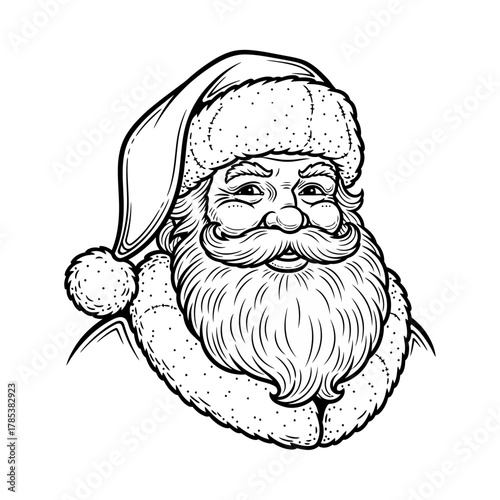 Detailed black and white line art illustration of Santa Claus's head and shoulders, featuring his iconic beard, mustache, and a festive fur-trimmed hat.