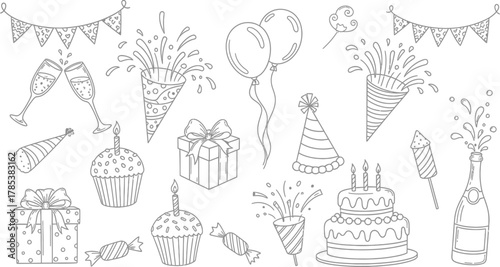 Celebration Doodles Cake, Balloons, Confetti, Party Hats and Champagne Bottle Line Art