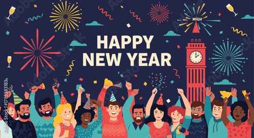 Flat Design Vector Illustration of Global New Year Countdown and Fireworks