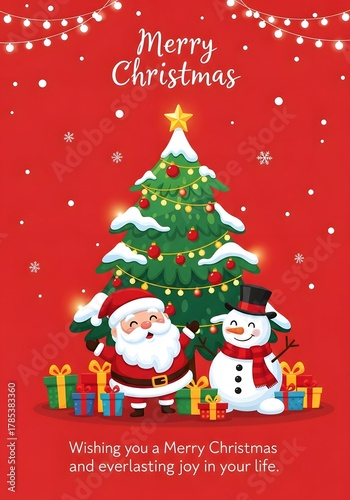 Merry Christmas greeting card featuring Santa Claus and a snowman beside a decorated tree with gifts, set against a red background with falling snow and twinkling lights

